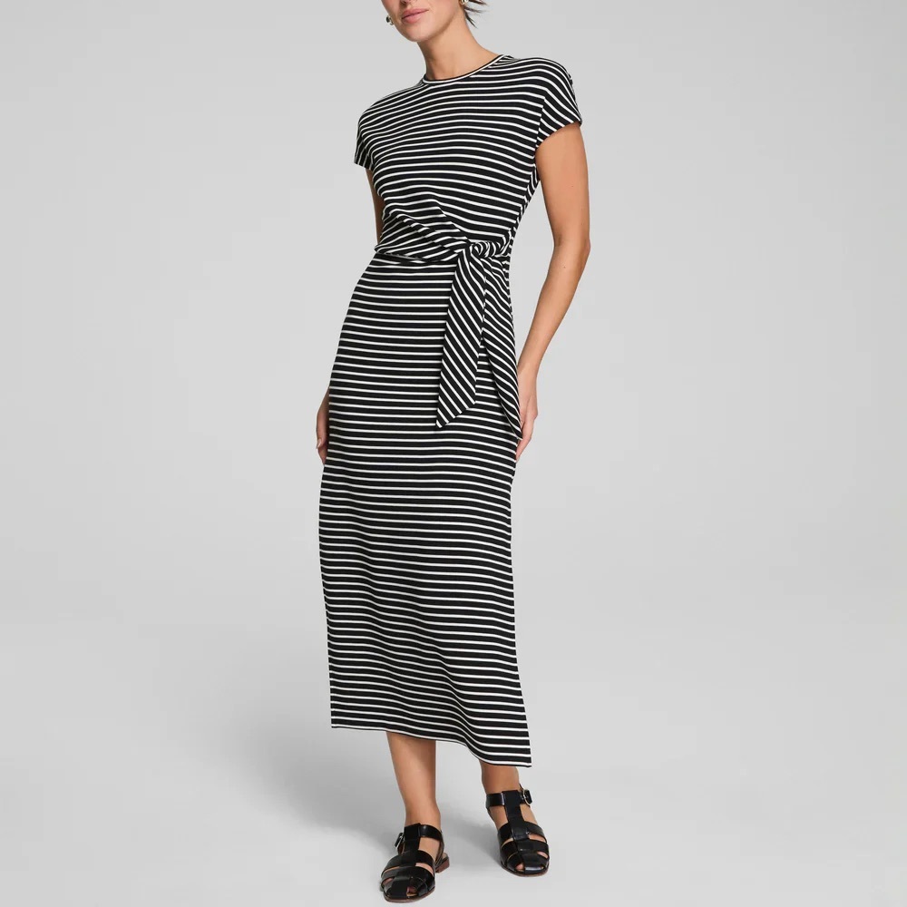 NWT SPANX Women’s 1X AirEssentials Tie Waist Maxi Dress Black Stripe Business